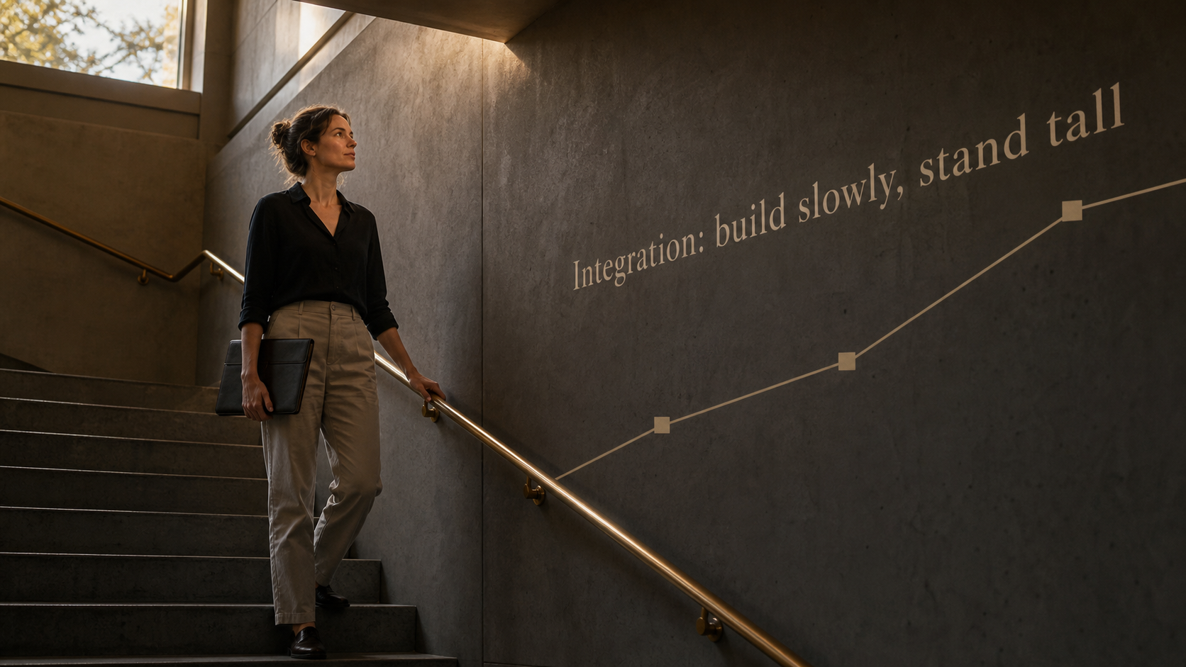 Sun in Capricorn integration image with build slowly stand tall text in a stairwell