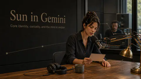 Sun in Gemini article image with a podcast host and title text on a studio wall