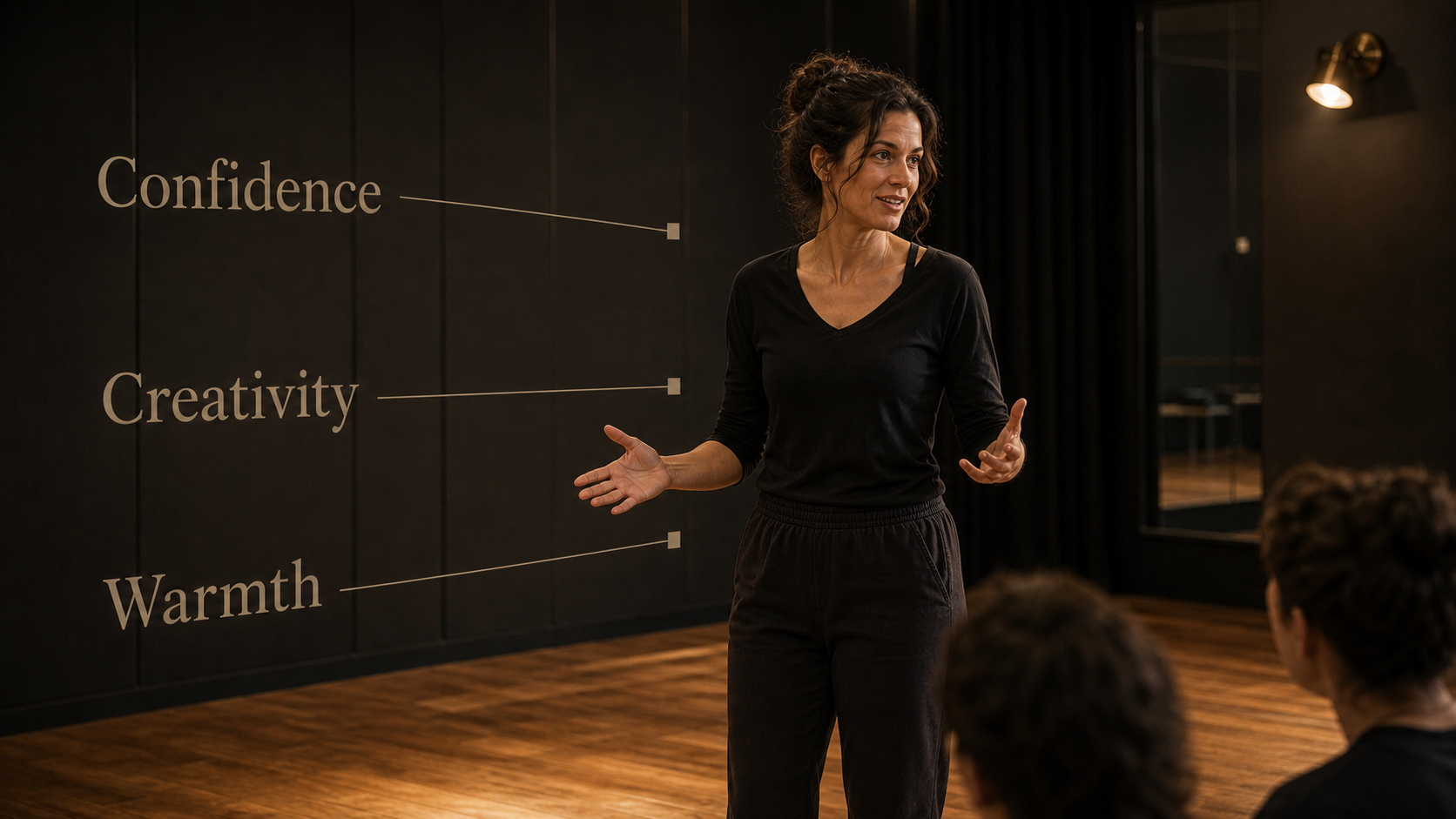 Sun in Leo core meaning image with confidence creativity and warmth labels in a rehearsal room
