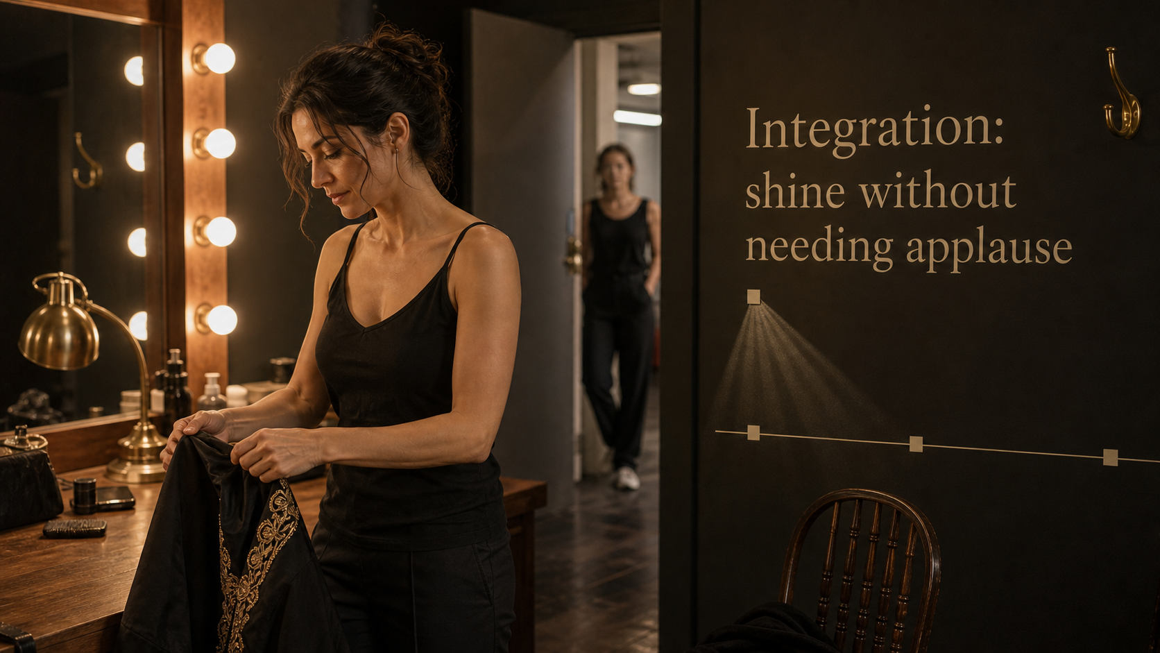 Sun in Leo integration image with shine without needing applause text in a backstage dressing room