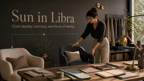 Sun in Libra article image with a designer arranging chairs and title text on the wall