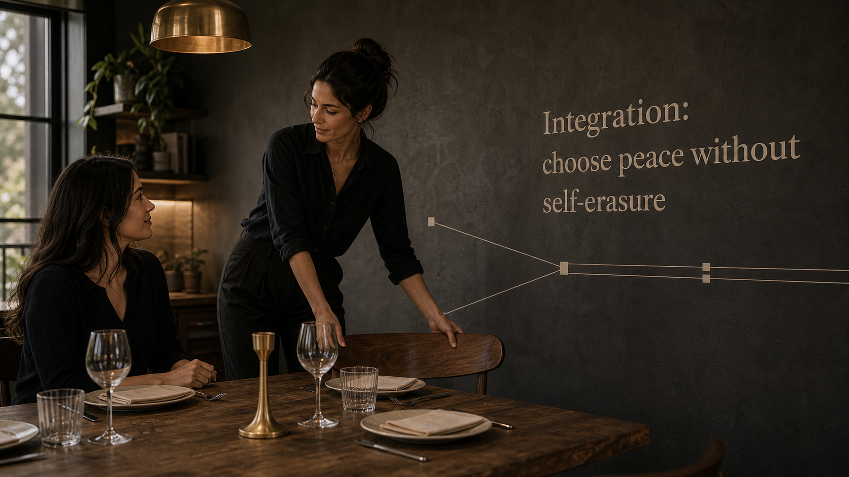 Sun in Libra integration image with choose peace without self-erasure text in an elegant shared table setting