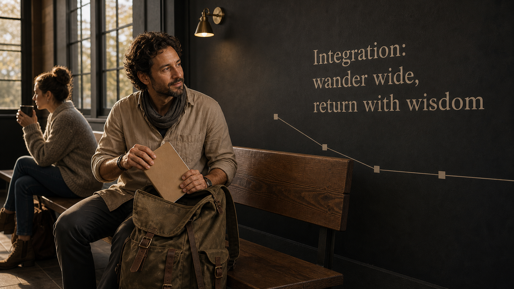 Sun in Sagittarius integration image with wander wide return with wisdom text in a train station lounge