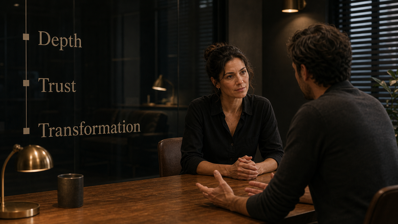 Sun in Scorpio core meaning image with depth trust and transformation labels in a private strategy room
