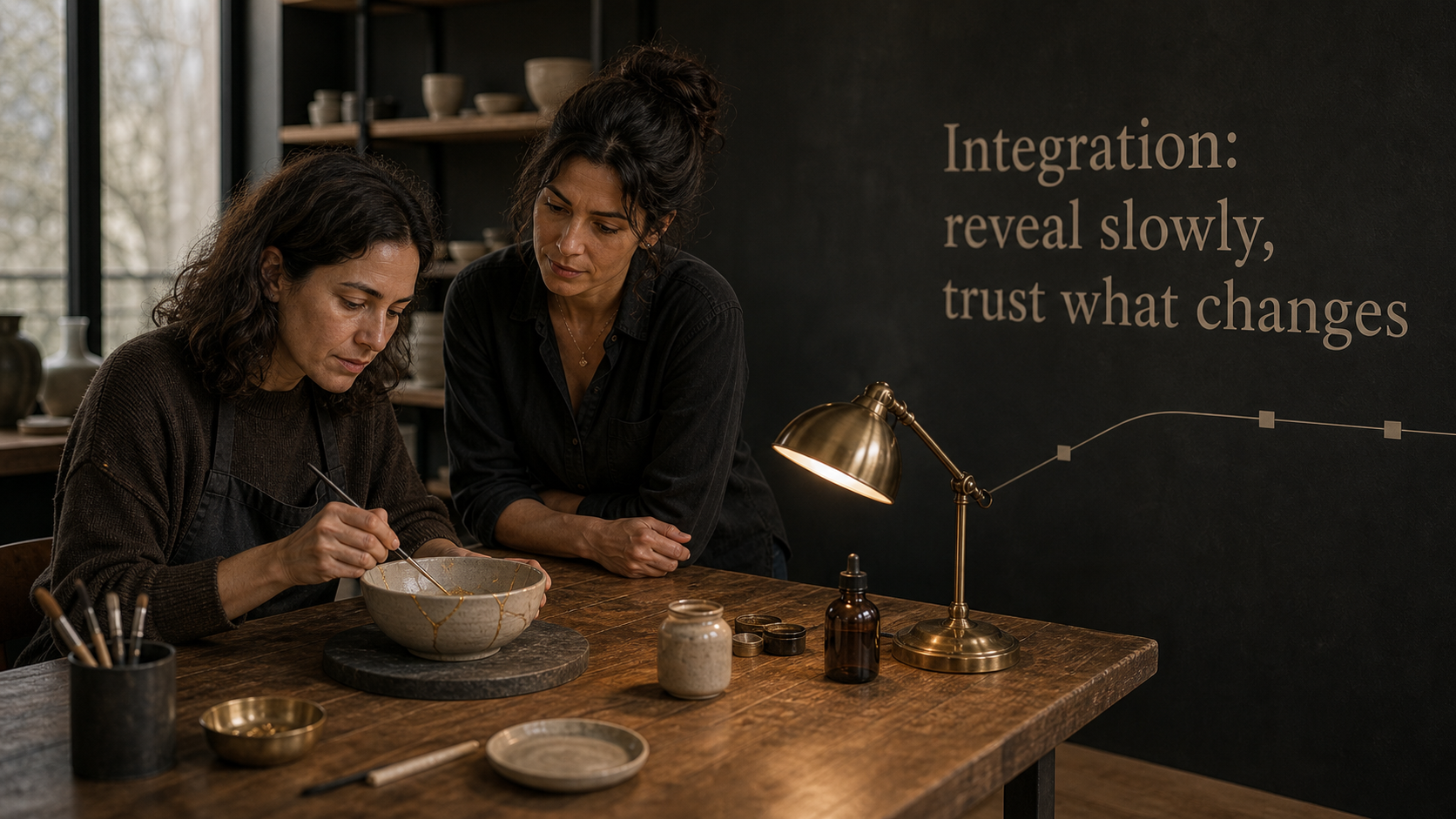 Sun in Scorpio integration image with reveal slowly trust what changes text in a ceramic restoration studio