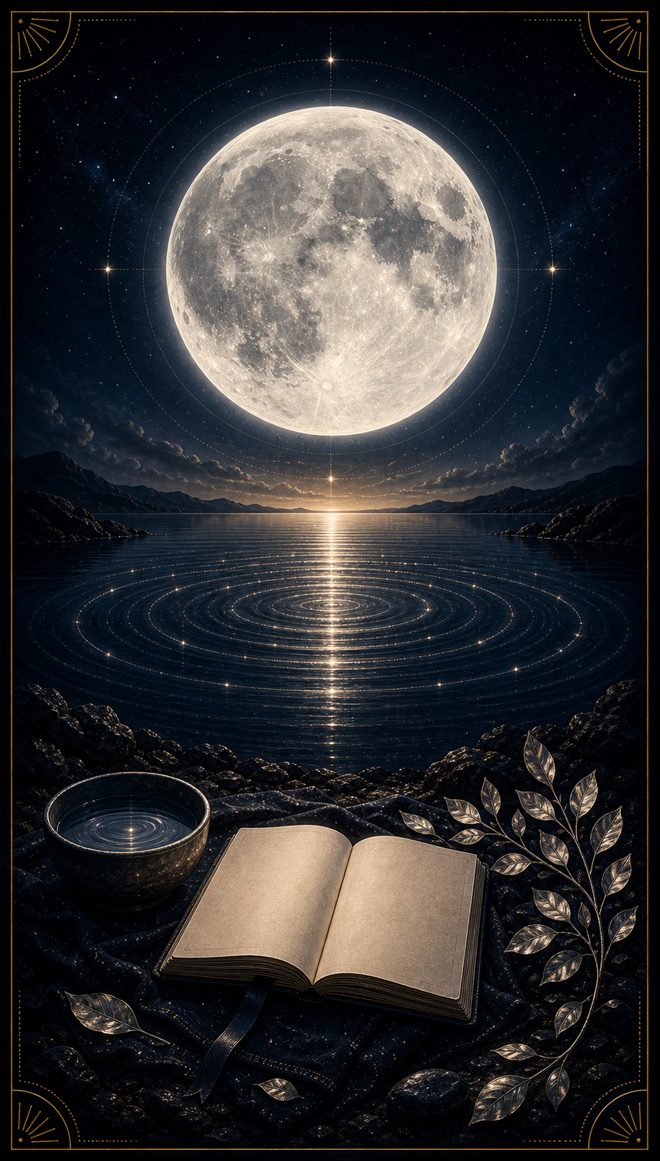 Supermoon integration image with oversized full moon reflected in water journal bowl and silver leaves