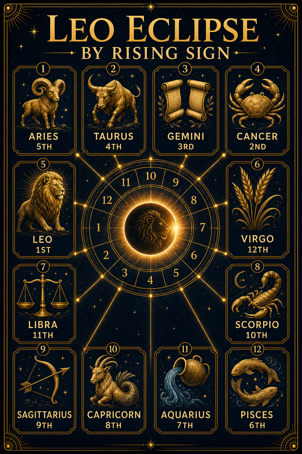 Leo eclipse by rising sign infographic showing which house is activated for all twelve rising signs