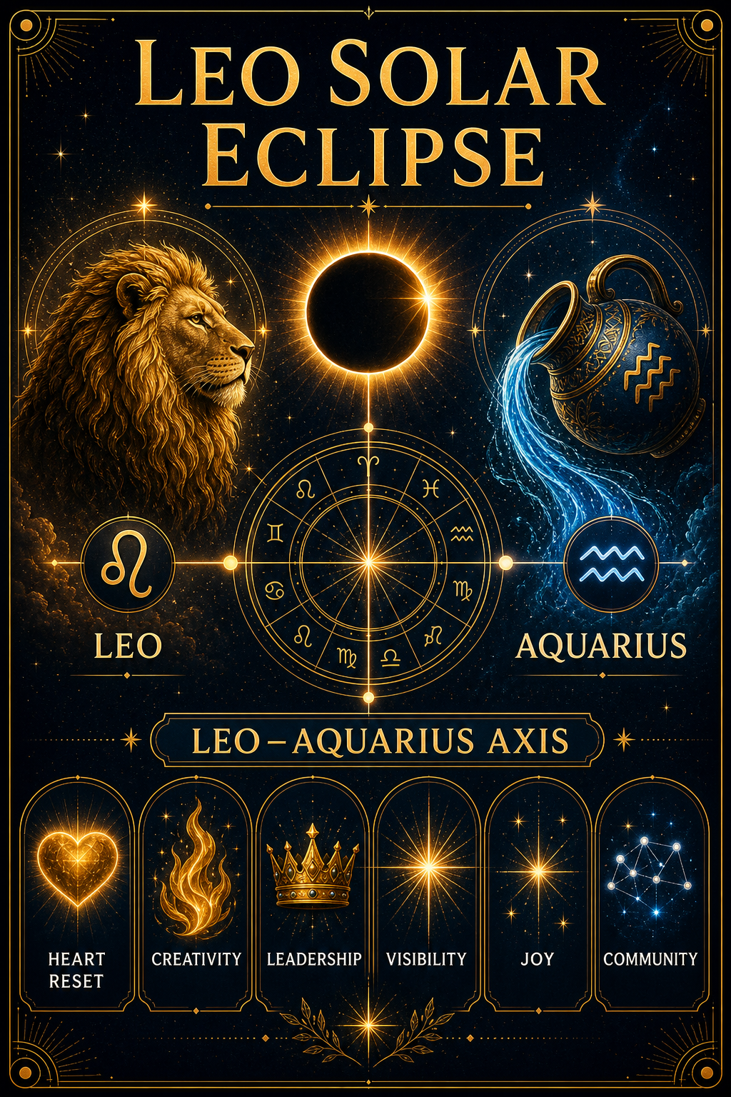 Leo solar eclipse meaning infographic with heart reset, creativity, leadership, visibility, joy, and Leo Aquarius axis