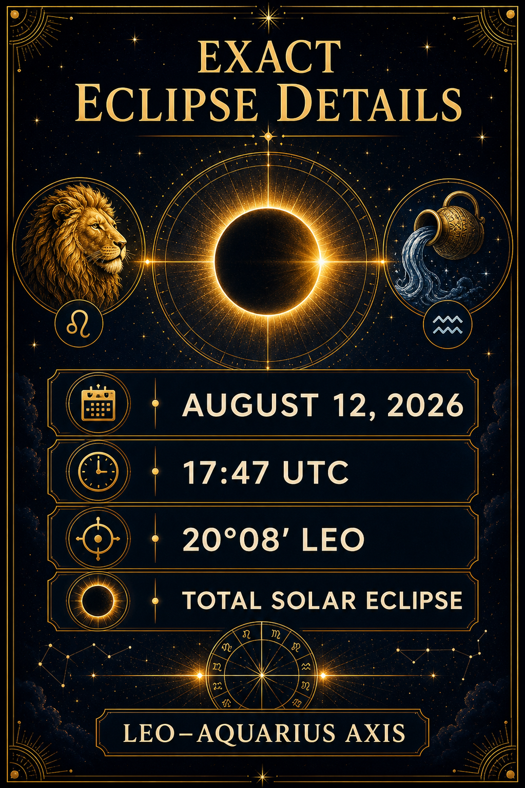 Exact eclipse details infographic for August 12 2026 total solar eclipse at 17:47 UTC and 20 degrees 08 minutes Leo