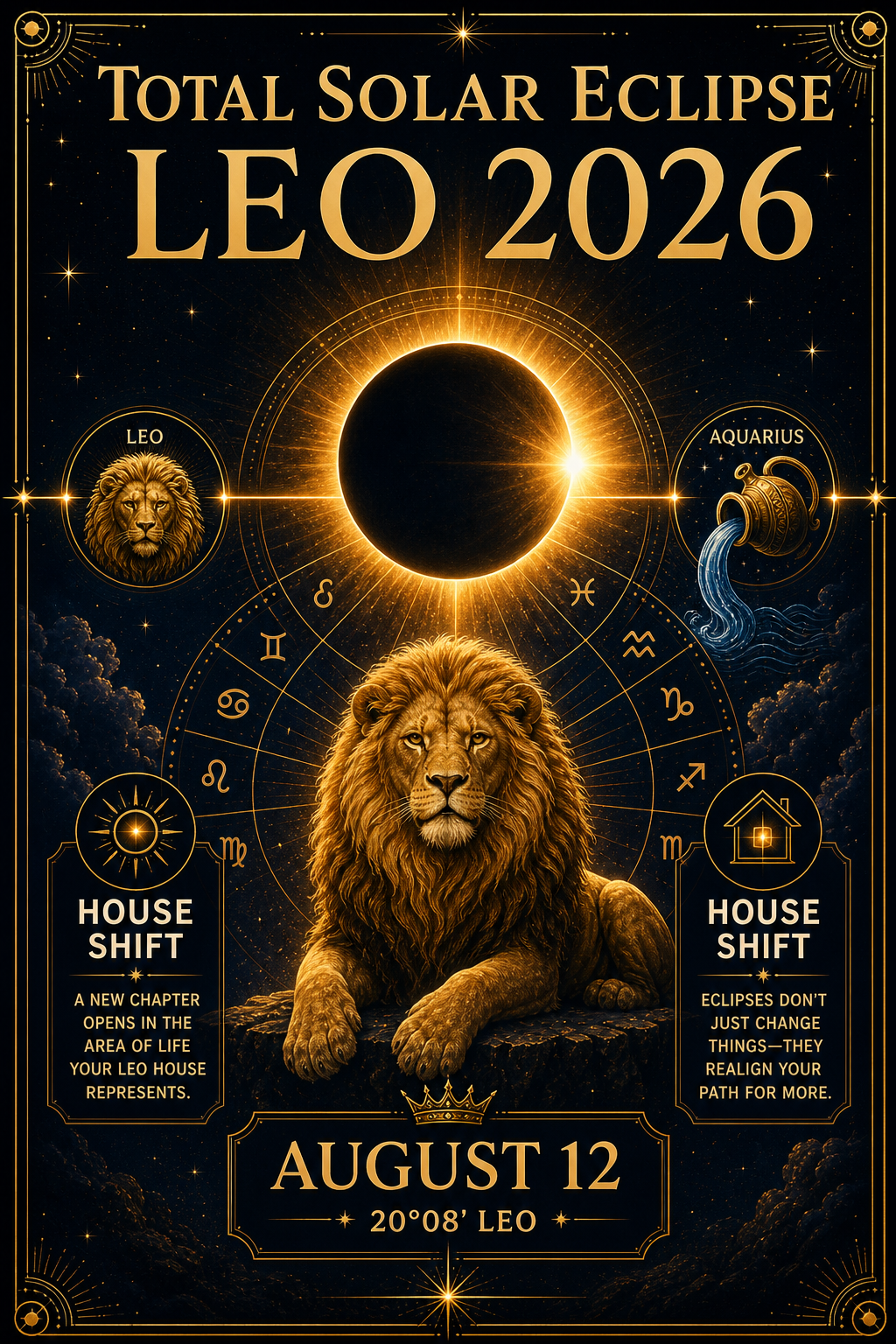 Total solar eclipse in Leo 2026 with golden eclipse, Leo lion, Aquarius vessel, and natal house wheel