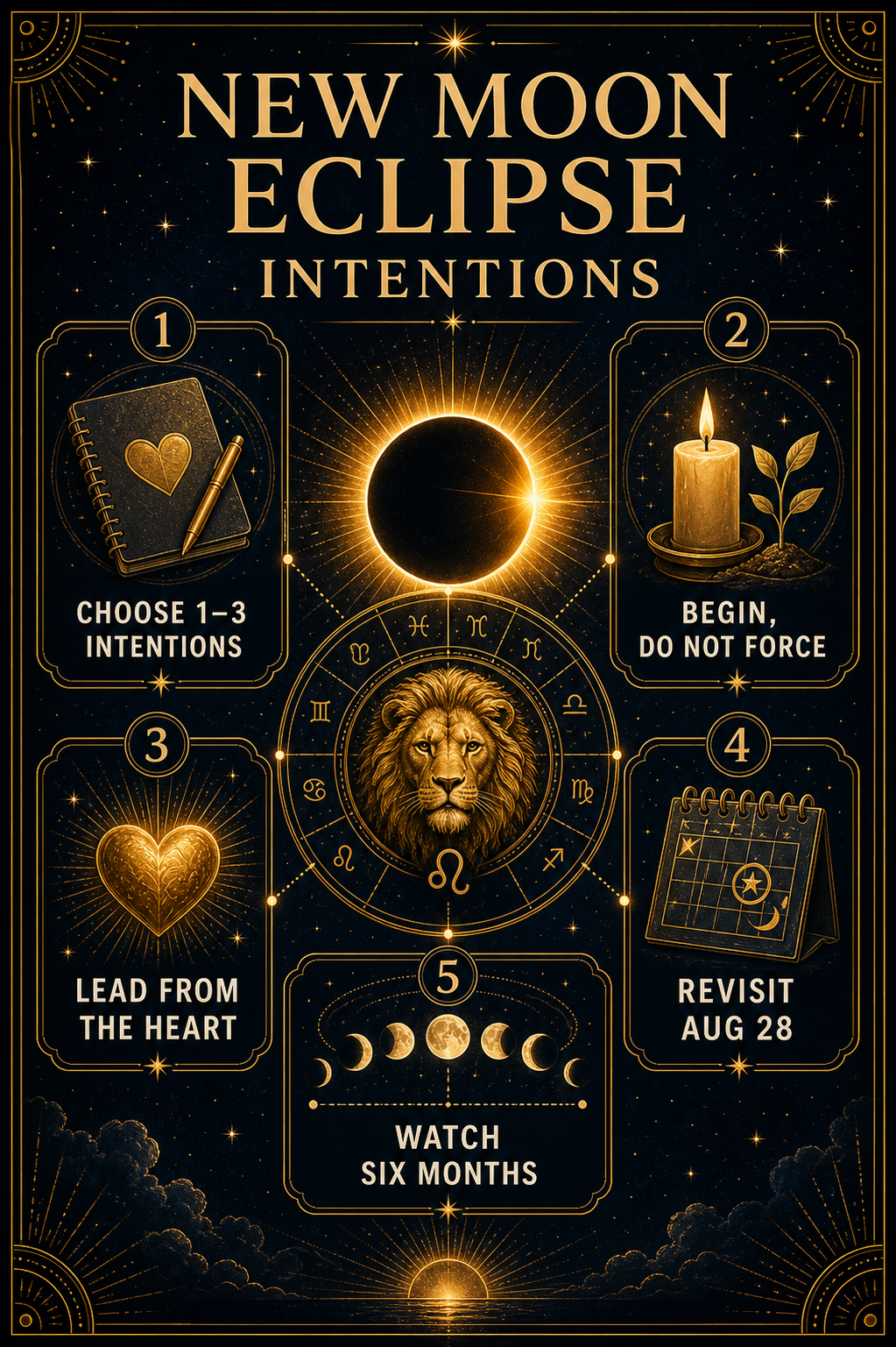 New Moon eclipse intentions infographic with choose intentions, begin do not force, lead from the heart, revisit August 28, and watch six months