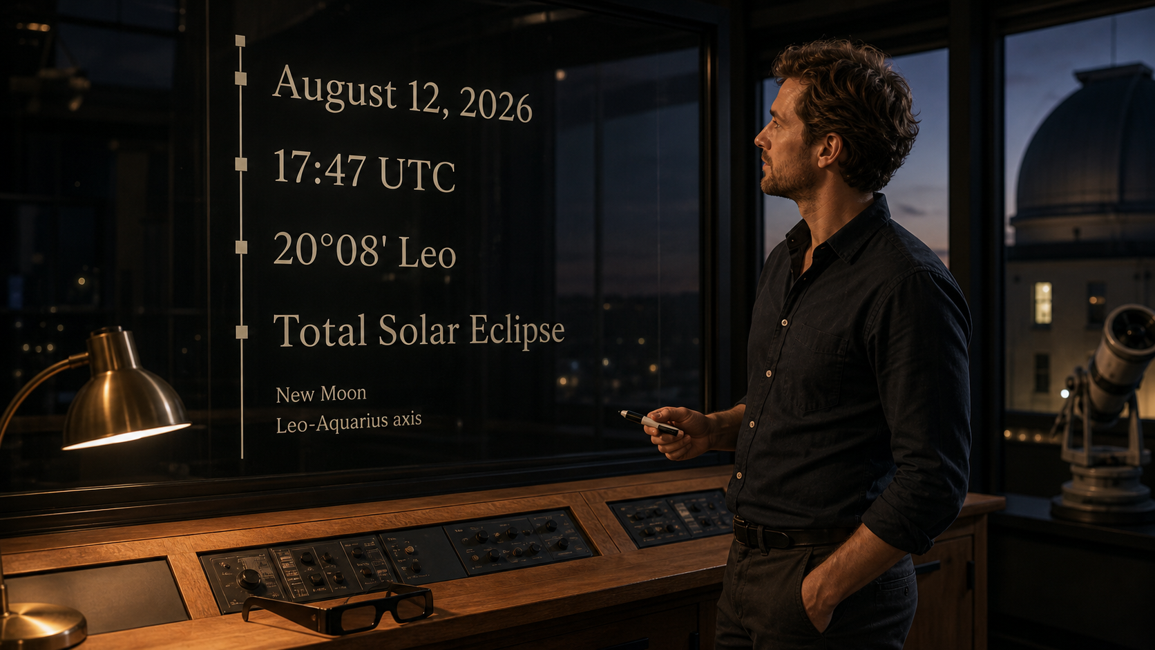 Exact eclipse details for August 12 2026 total solar eclipse at 17:47 UTC and 20 degrees 08 minutes Leo