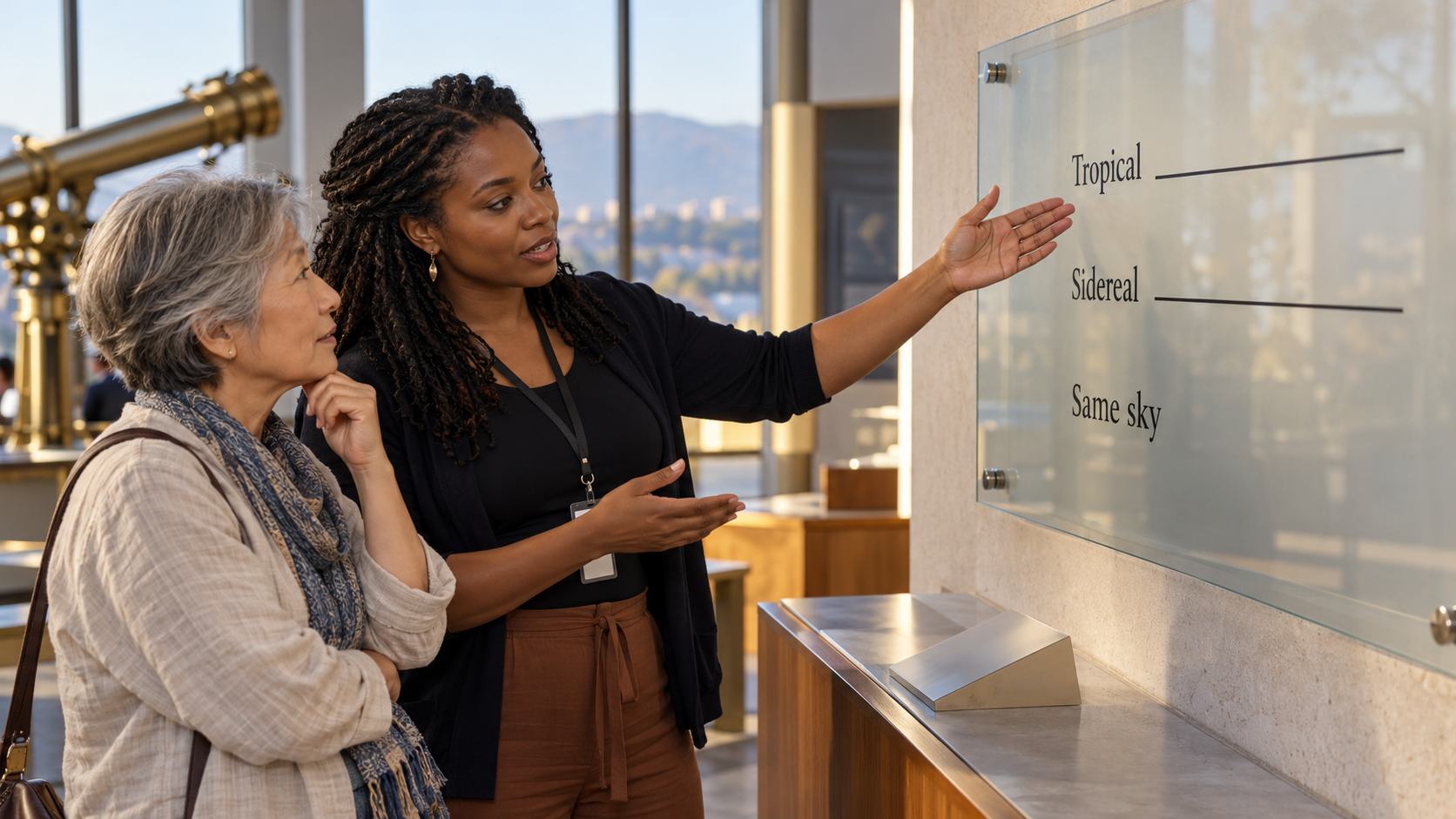 An educator compares tropical and sidereal reference points with a visitor in an observatory gallery