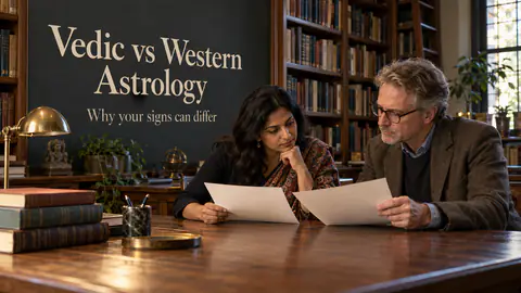 Two readers compare teaching sheets in an astronomy library beneath a Vedic versus Western astrology sign