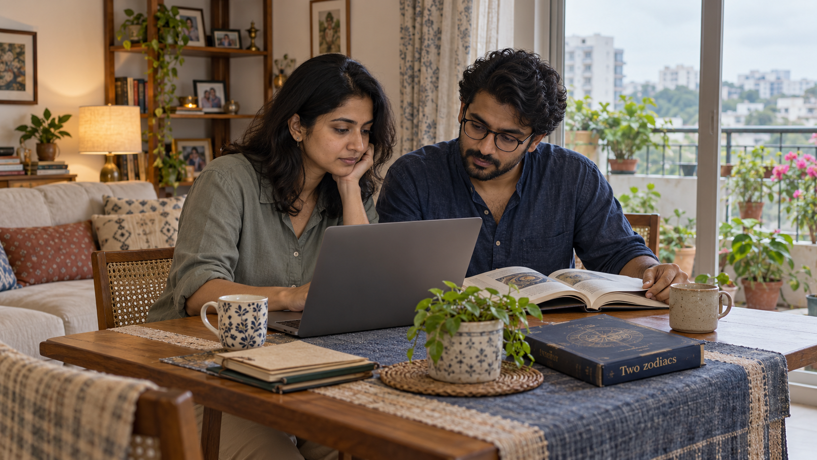 A couple compares a laptop and reference book at a table in a contemporary Indian home