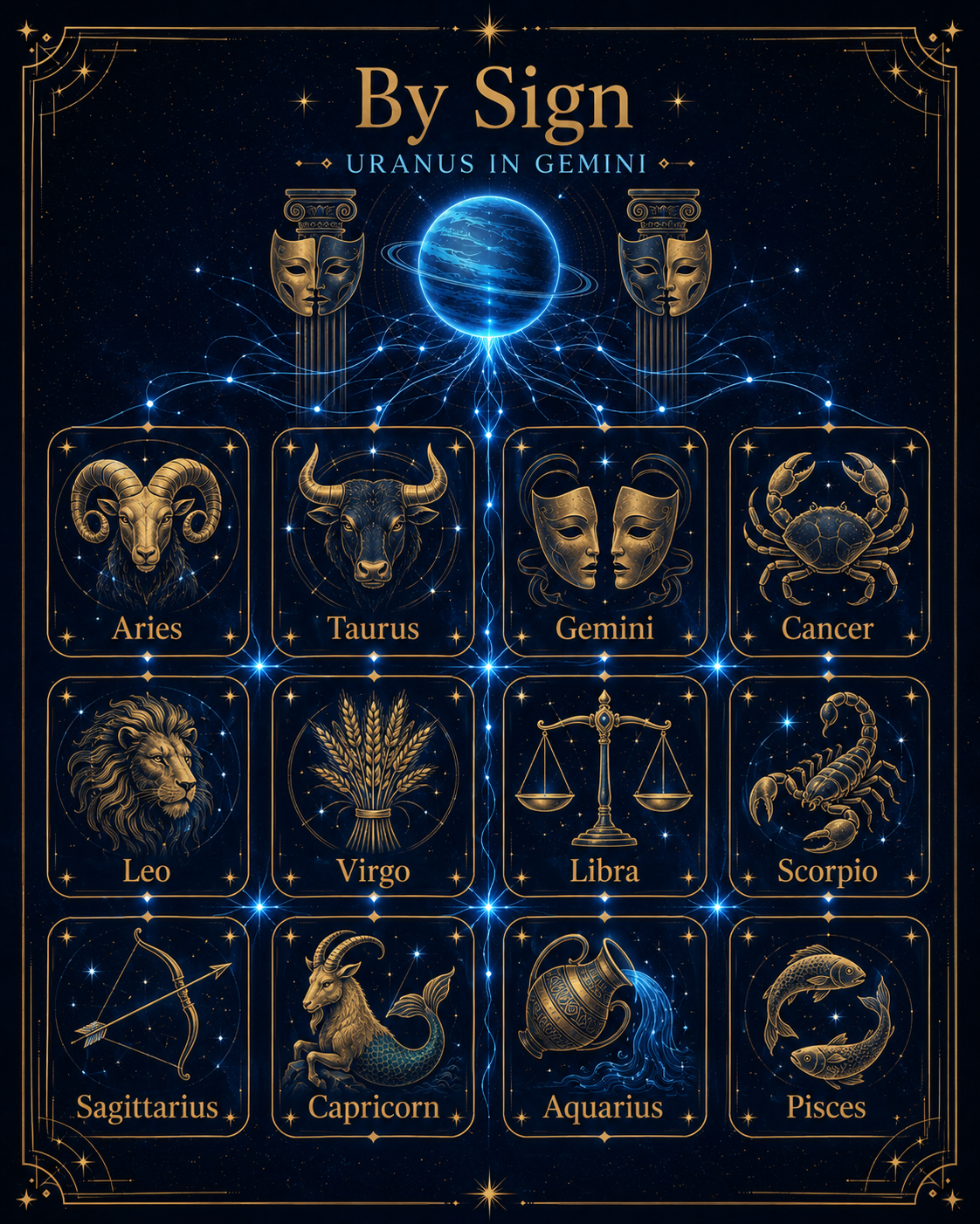 Uranus in Gemini 2026 by rising sign with electric Gemini house activations and celestial information patterns
