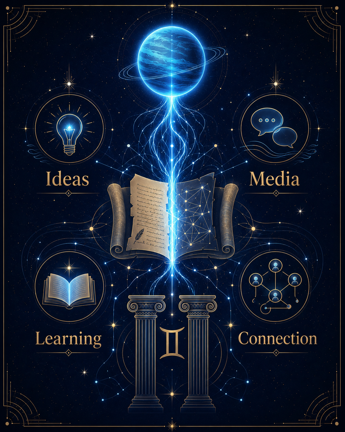 Core concept of Uranus in Gemini 2026 as communication networks, technology, books, and sudden insight