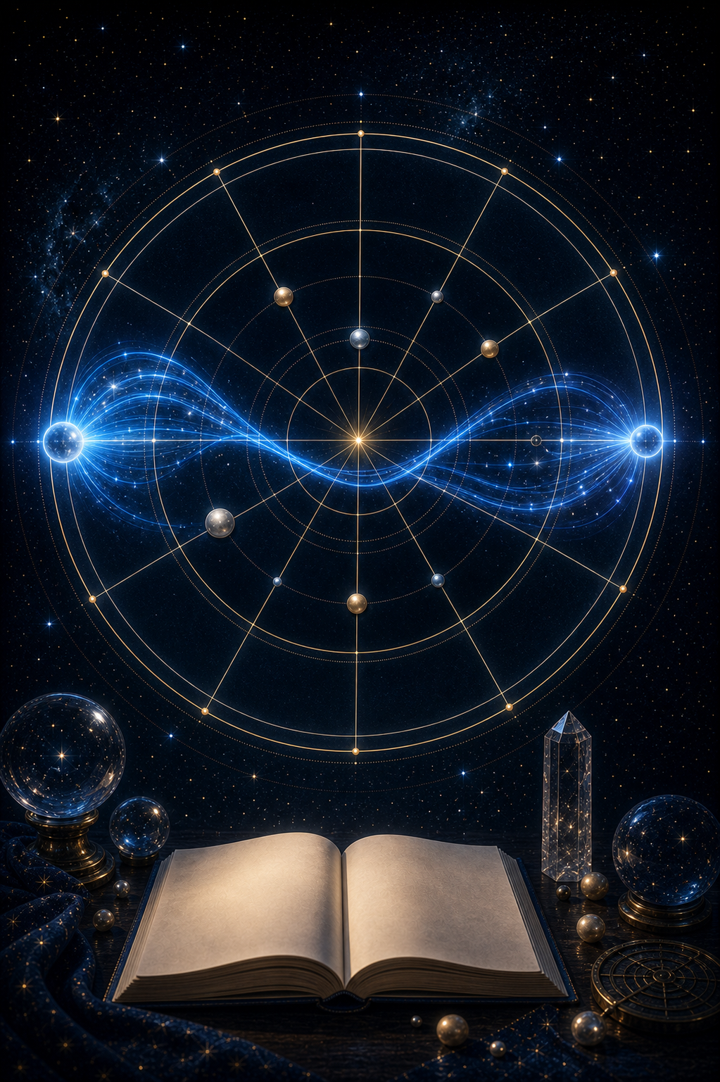 Uranus in Gemini media and learning image with electric blue signal lines, blank book, and unlabeled chart wheel