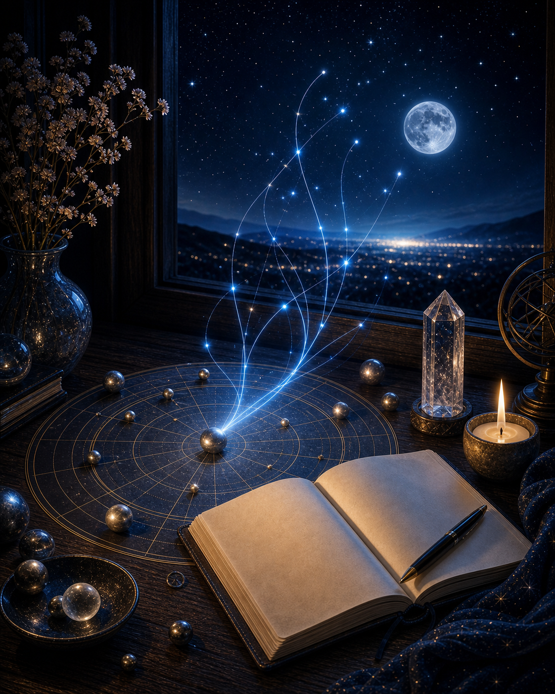 Uranus in Gemini integration image with blank notebook, chart wheel, crystals, candle, and blue light threads