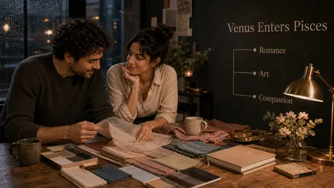 Venus enters Pisces article image with romance art and compassion lines in a textile studio scene