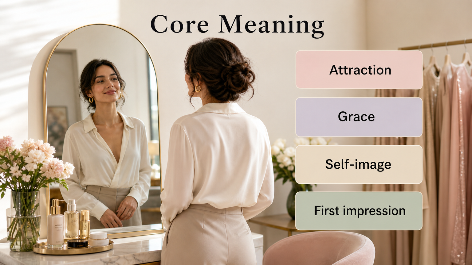Venus in the 1st House infographic image showing charm, style, beauty, first impressions, and personal presence