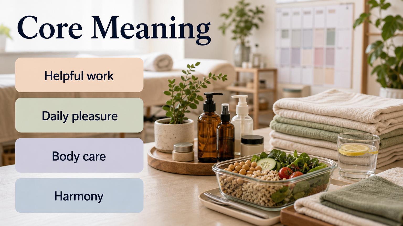 Venus in the 6th House infographic image showing routine, care, wellbeing, helpful work, and daily pleasure
