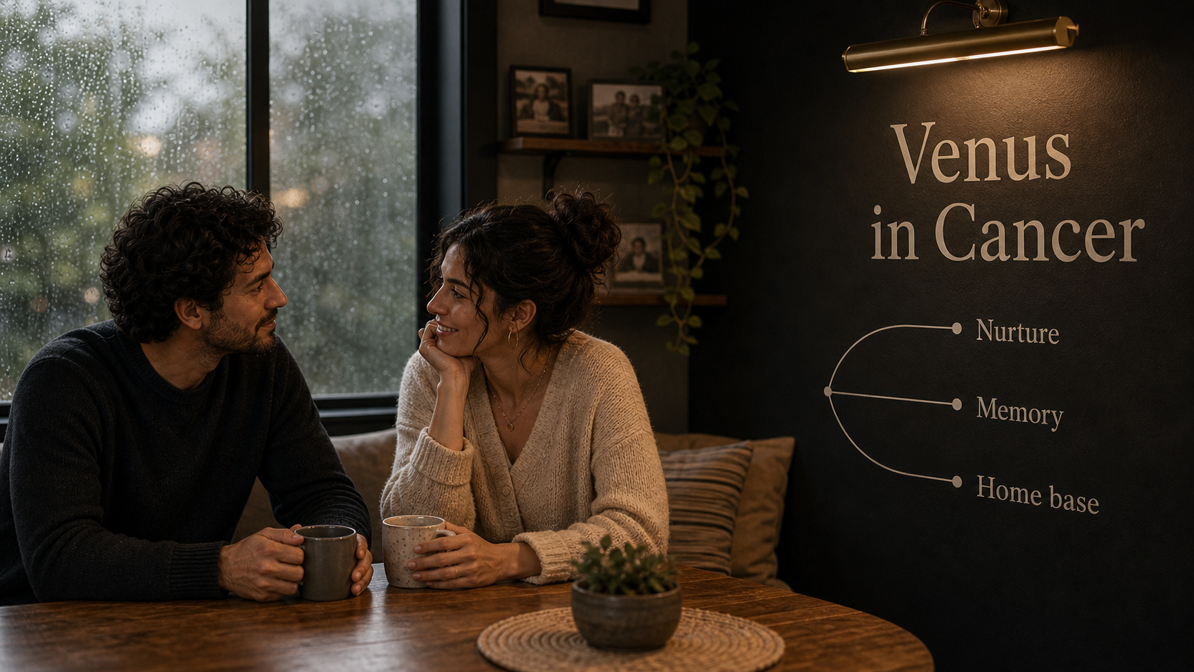 Venus in Cancer core themes of nurture memory and home base in a rainy breakfast nook