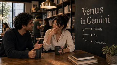 Venus in Gemini article image with curiosity play and conversation in a bookstore cafe