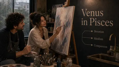 Venus in Pisces article image with devotion idealism and compassion in a rainy art studio