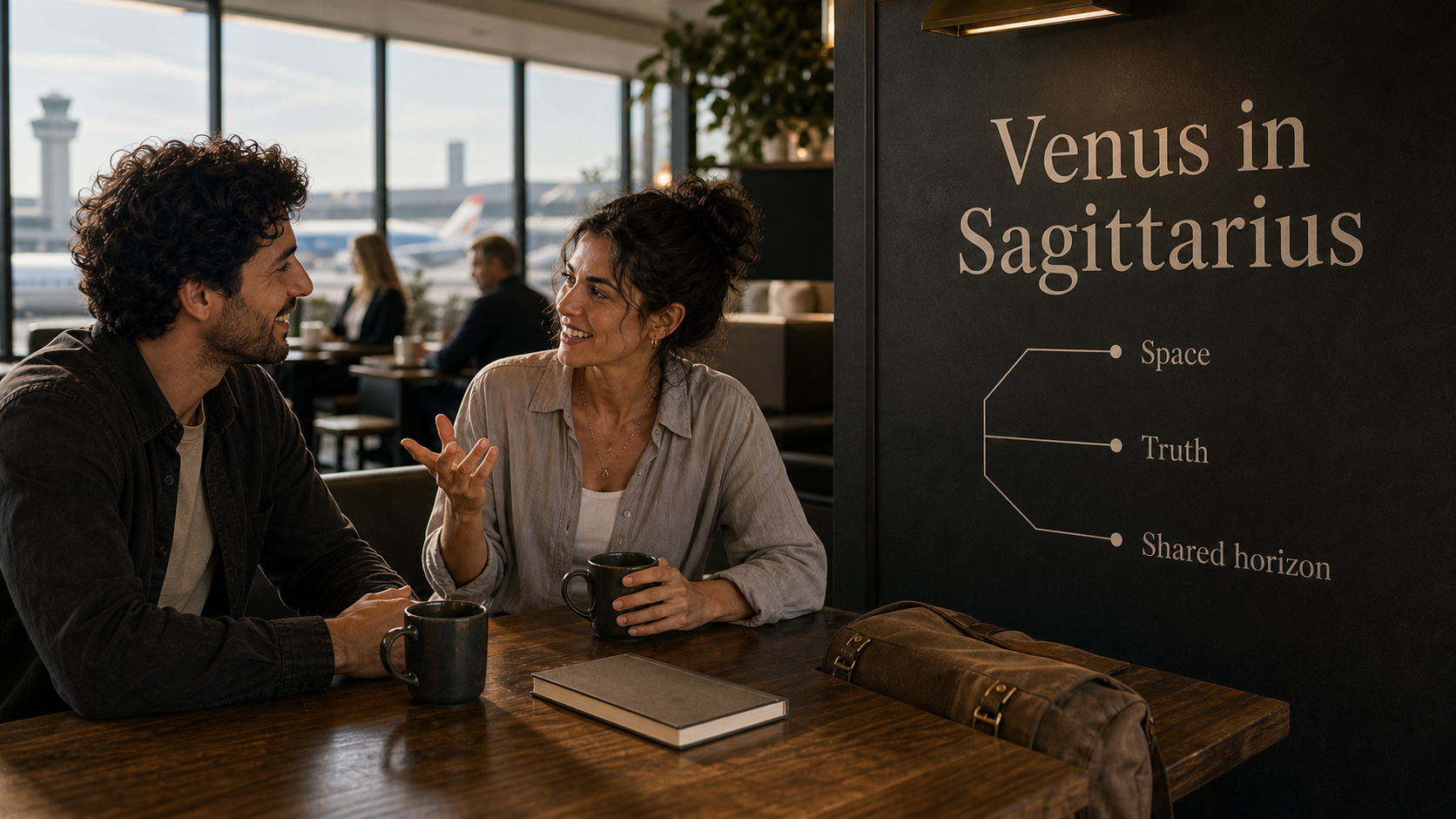 Venus in Sagittarius core themes of space truth and shared horizon in a departures lounge cafe