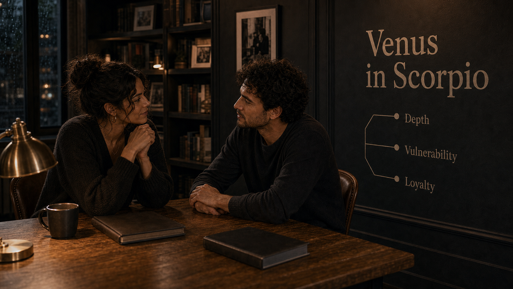 Venus in Scorpio core themes of depth vulnerability and loyalty in a private library conversation