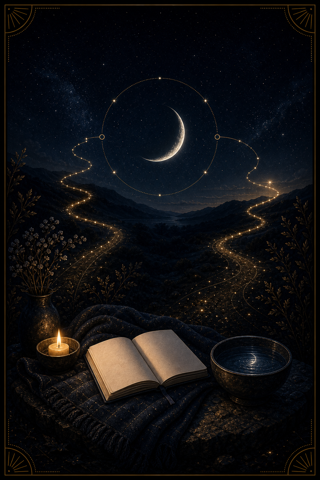Void of Course Moon integration image with crescent moon path gap journal water bowl blanket and candle