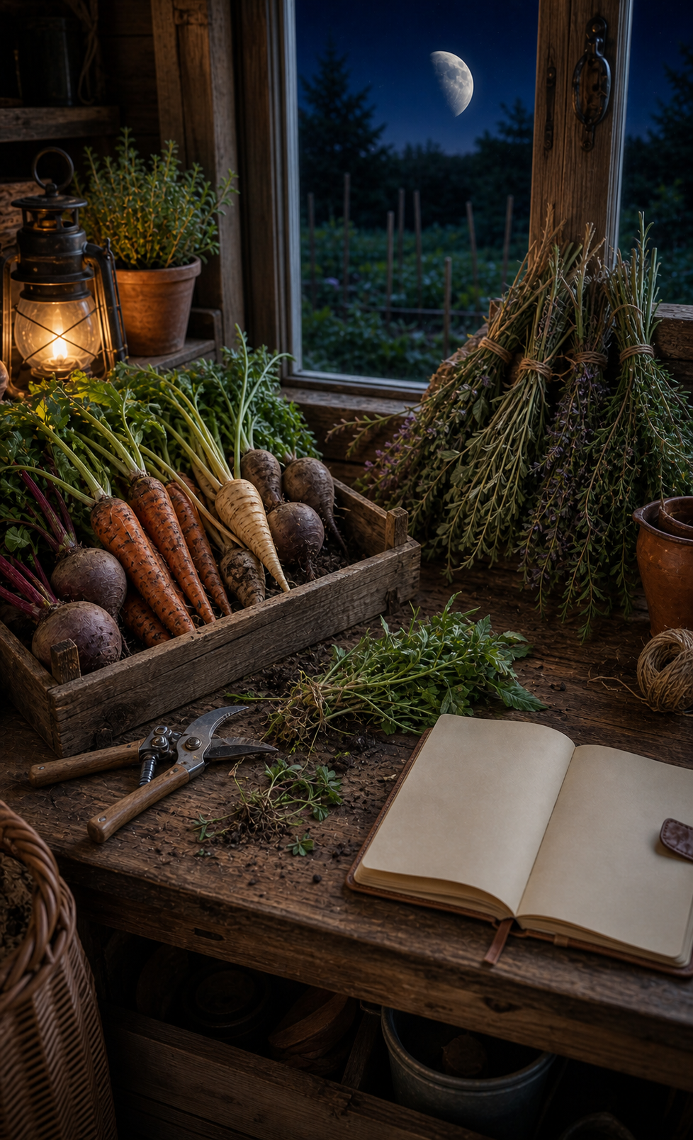 Waning Moon task map with root vegetables, pruning shears, weeds, dried herbs, and a blank garden notebook