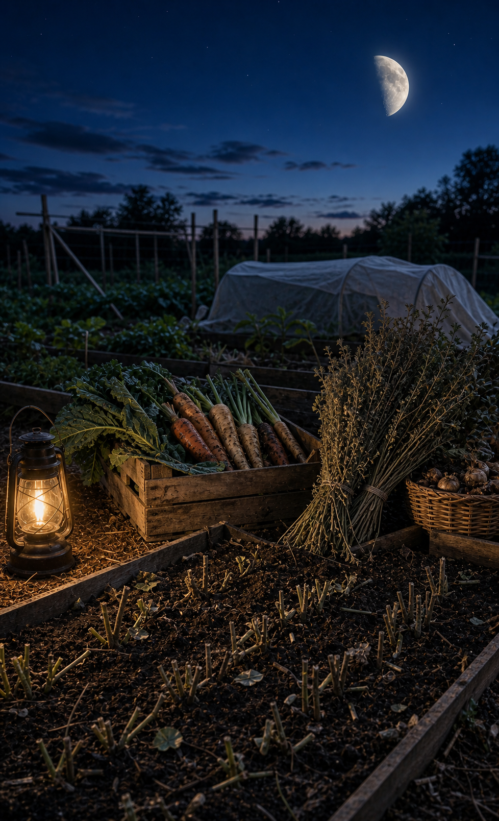 End of waning moon garden cleanup with pruned stems, cleared soil, stored root vegetables, dried herbs, and a thin moon