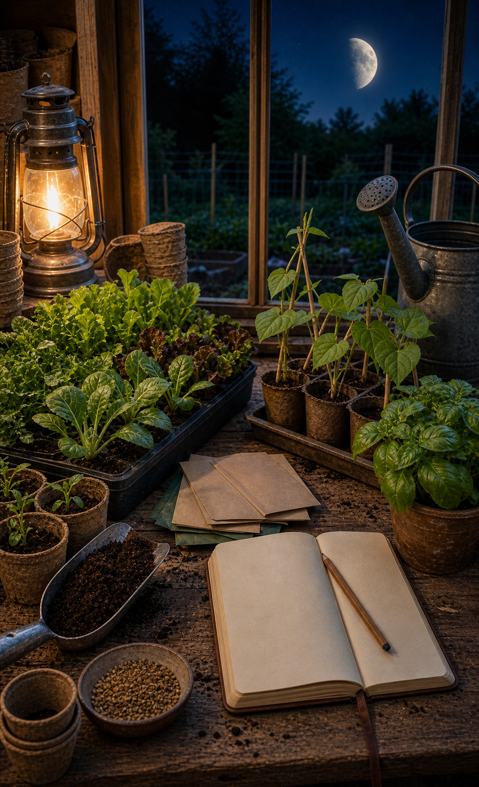 Waxing Moon task table shown with seed packets, leafy starts, climbing beans, compost, watering can, and a blank garden notebook