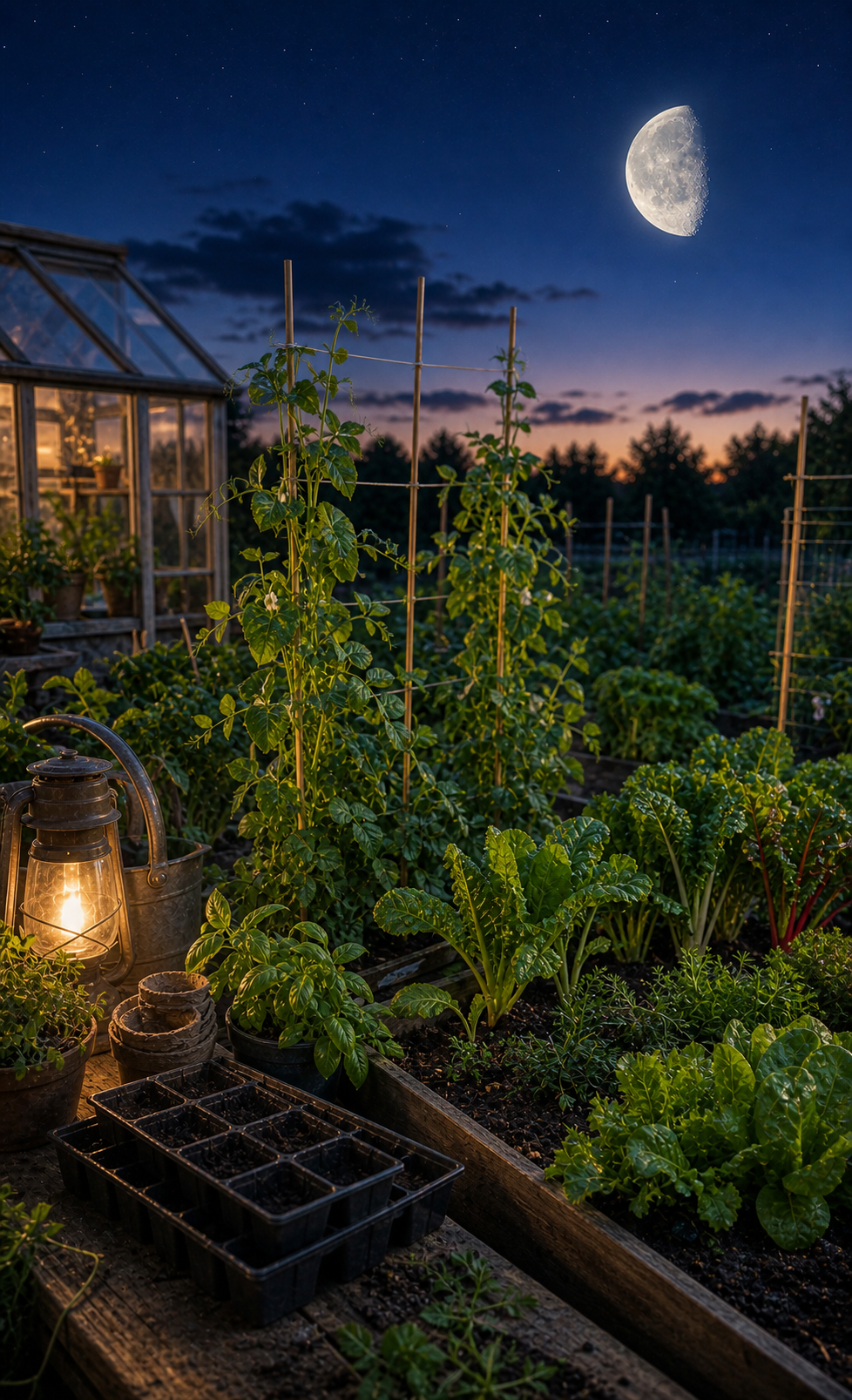 Thriving young garden after waxing moon planting with leafy greens, bean vines, herbs, seed trays, and a bright growing moon