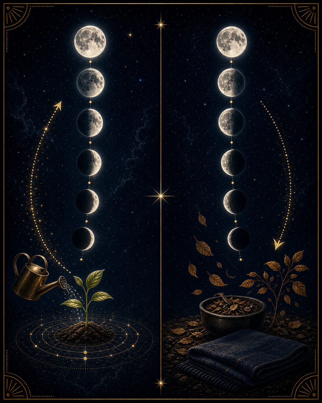 Waxing vs Waning Moon image comparing growth phases with release phases