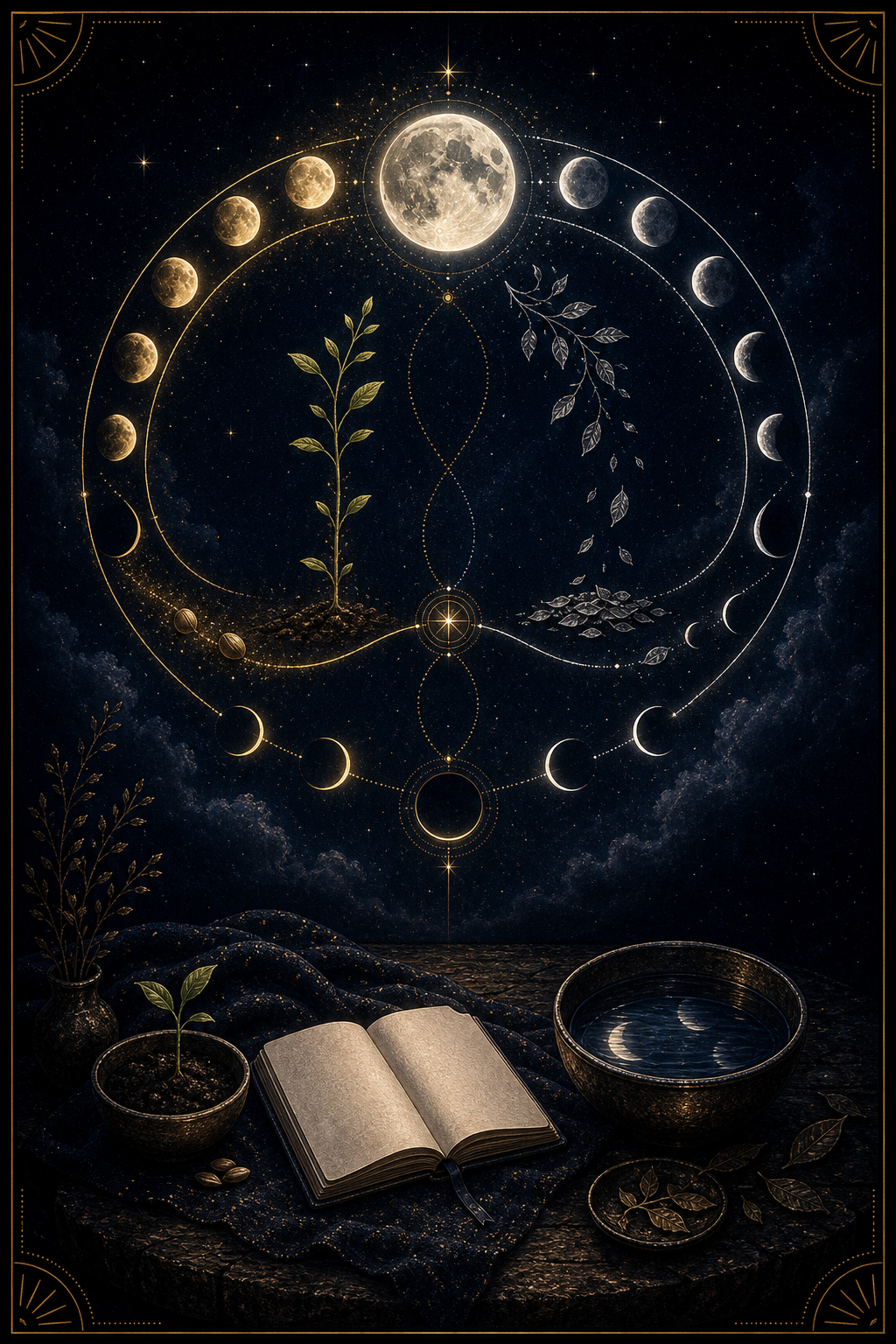 Waxing and waning moon integration image with growth arc release arc journal and water bowl
