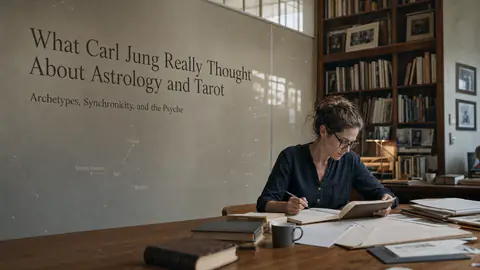 A researcher in a psychology archive with the title What Carl Jung Really Thought About Astrology and Tarot integrated into the wall