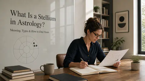 A person reading a birth chart with the title What Is a Stellium in Astrology integrated into a glass wall