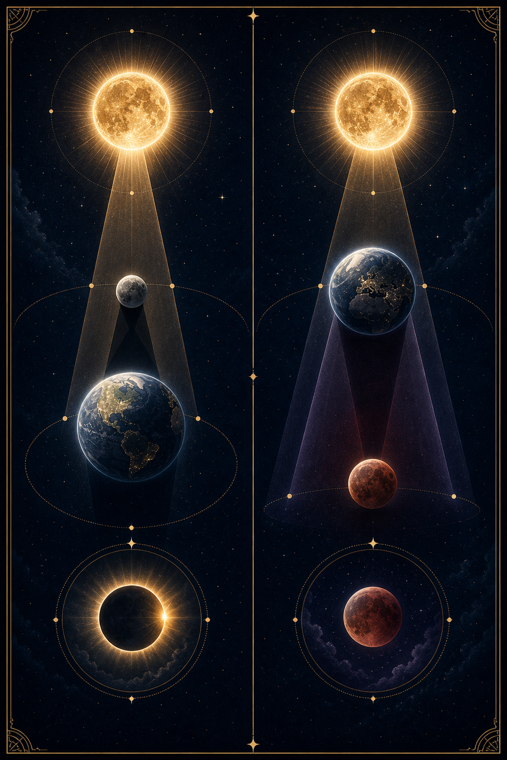 Solar eclipse versus lunar eclipse image showing Sun Moon and Earth alignment with shadow paths