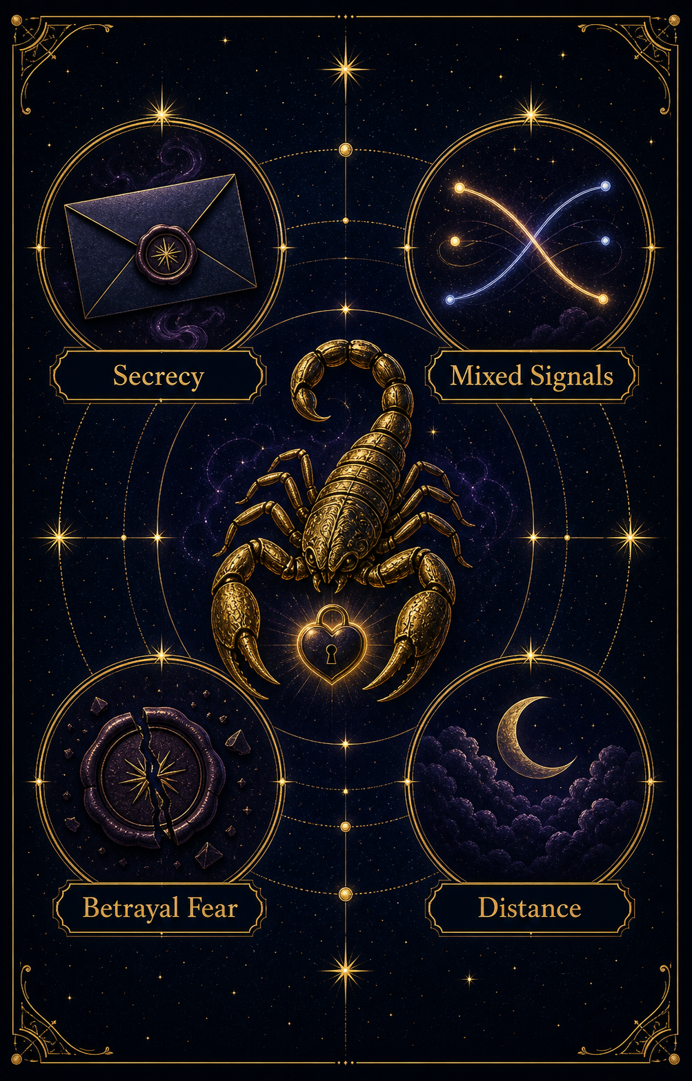 Scorpio jealousy triggers infographic with secrecy, mixed signals, betrayal fear, and distance