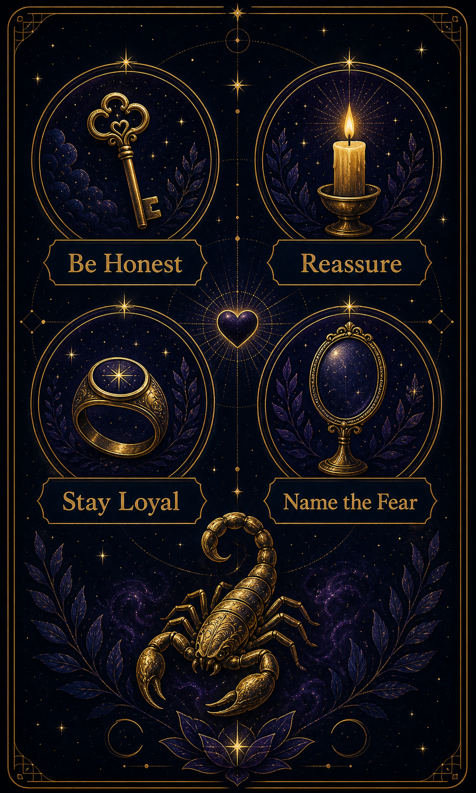 Scorpio jealousy advice infographic with honesty, reassurance, loyalty, and naming the fear