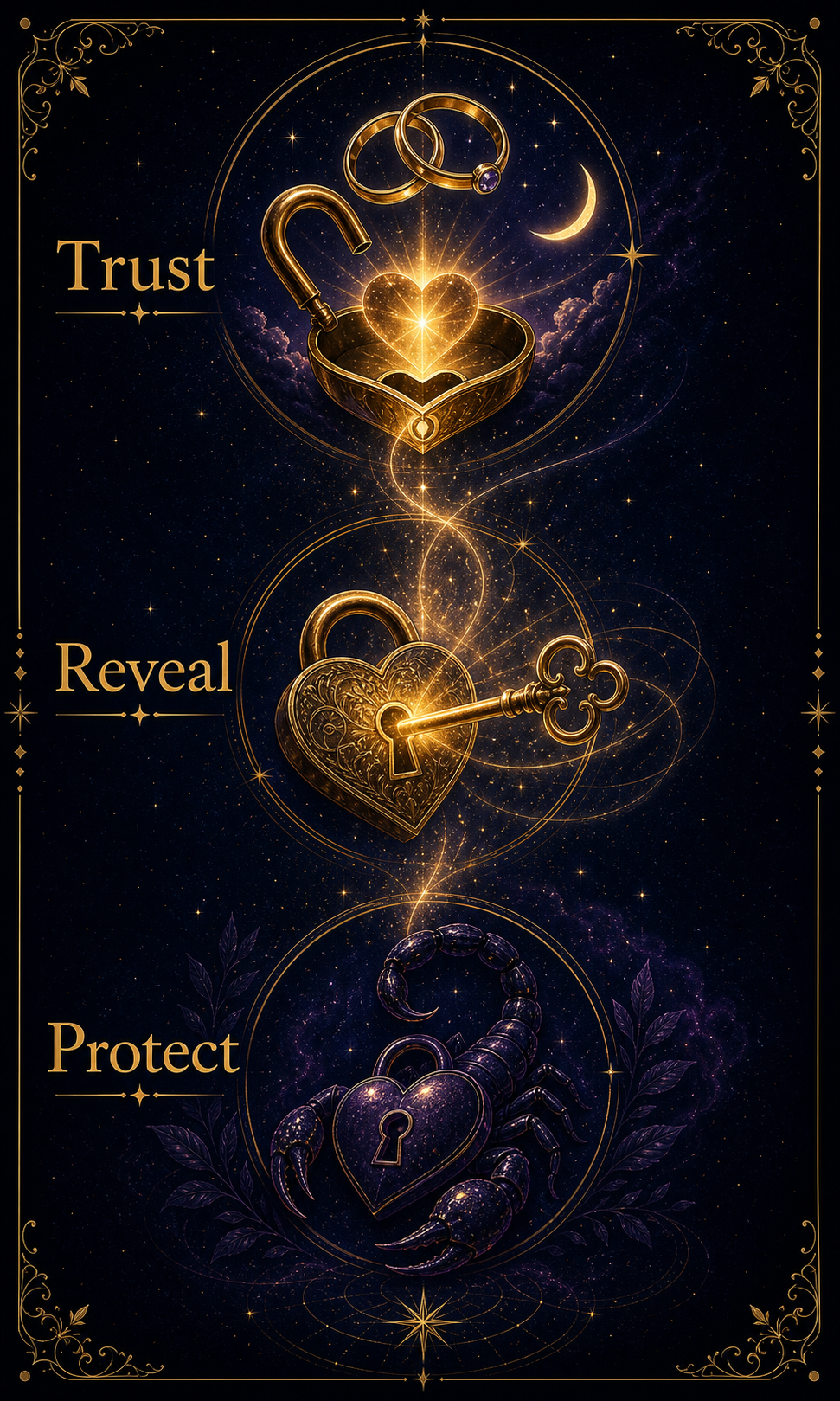 Scorpio jealousy integration image showing protect, reveal, and trust stages