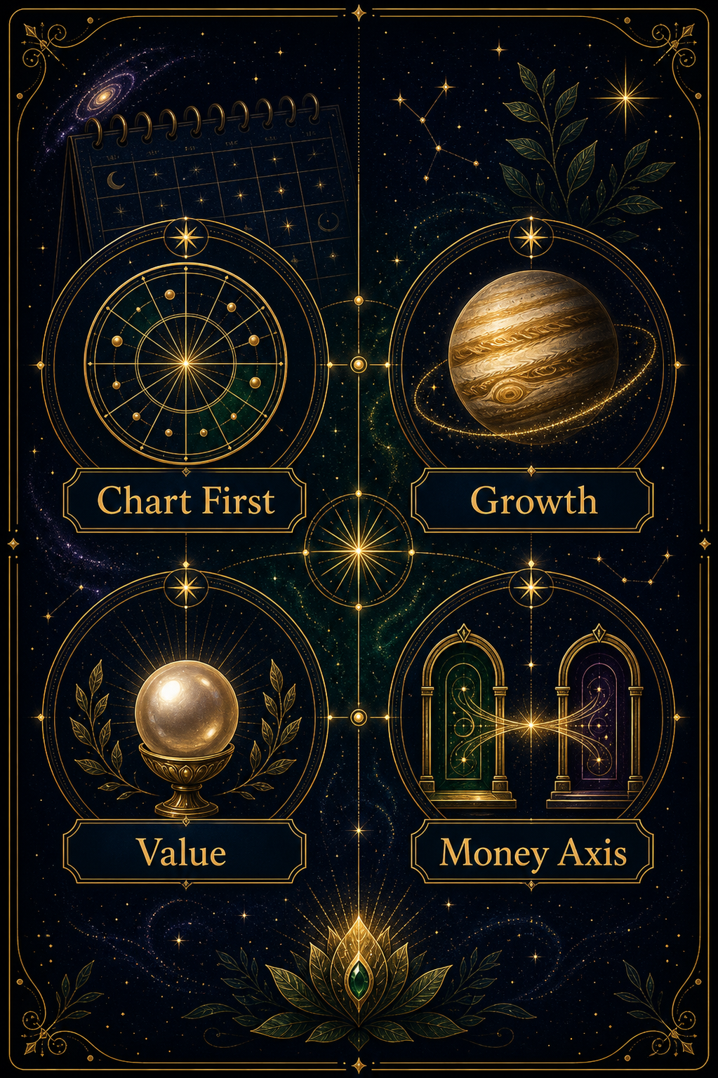 Birth chart wealth reading infographic with chart first, growth, value, and money axis