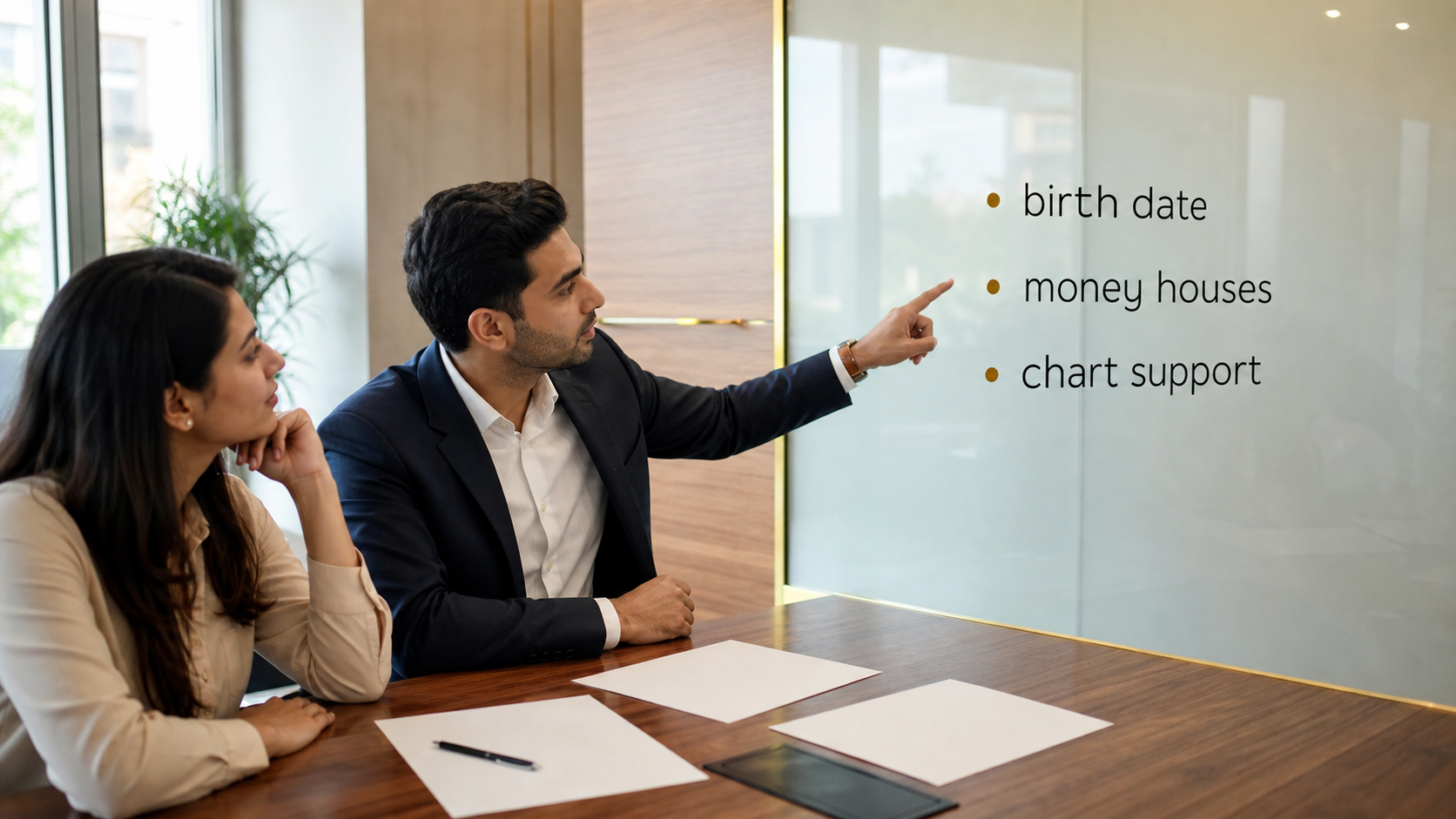 Modern advisory office scene showing birth date money houses and chart support labels