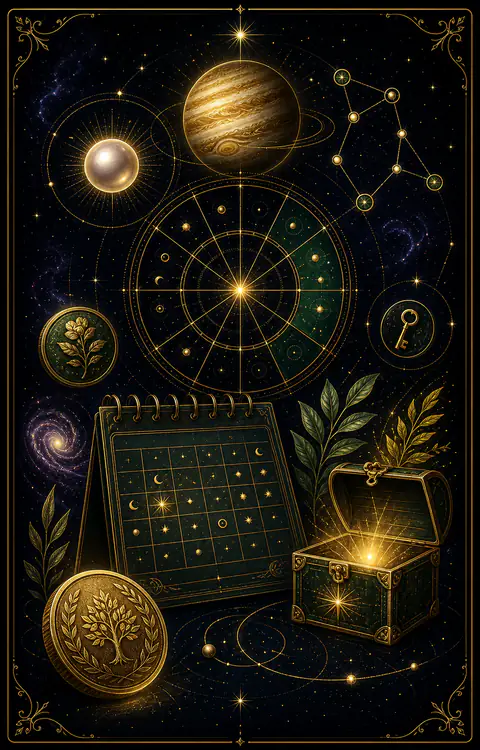 Birth date wealth astrology hero with calendar, natal chart, Jupiter, Venus, and prosperity symbols