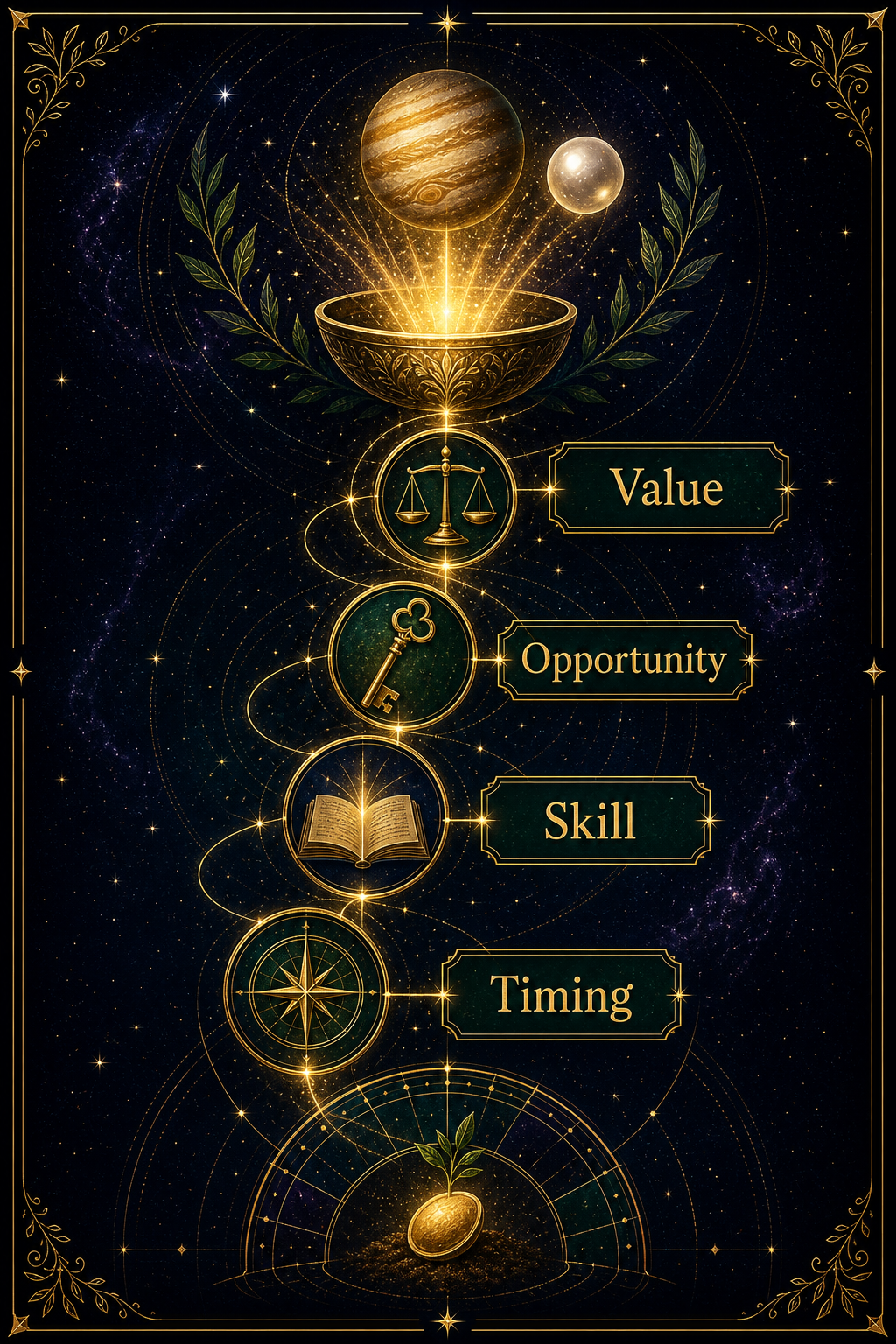 Birth date wealth integration infographic showing timing, skill, opportunity, and value