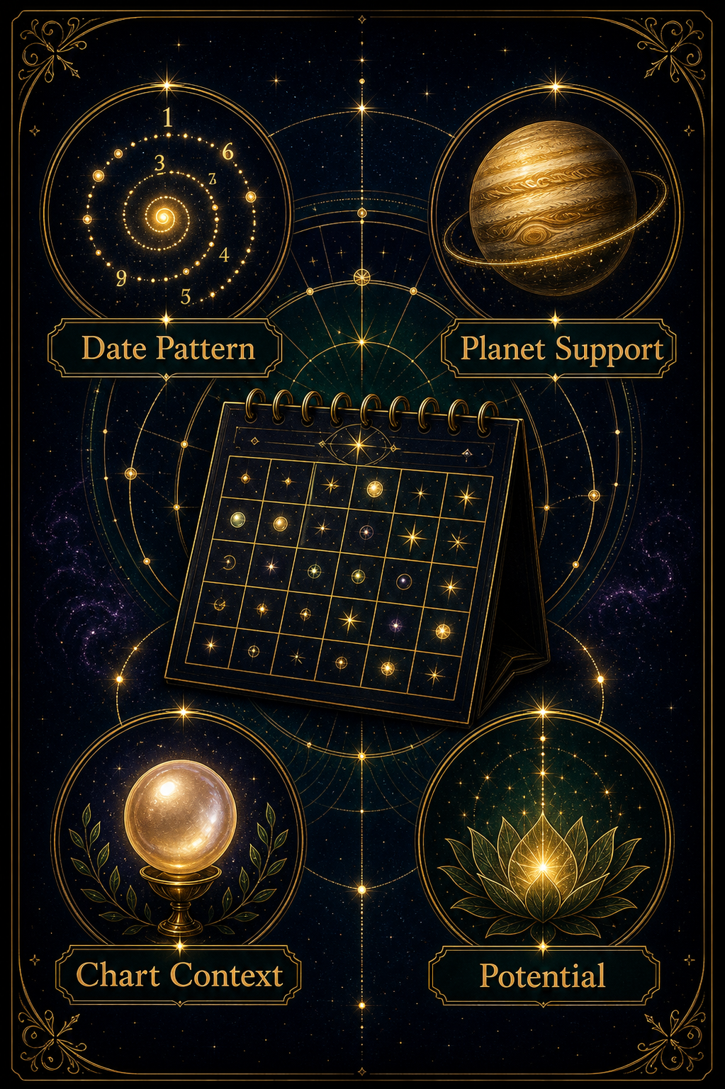 Birth date numerology and astrology pattern infographic with date pattern, planet support, chart context, and potential