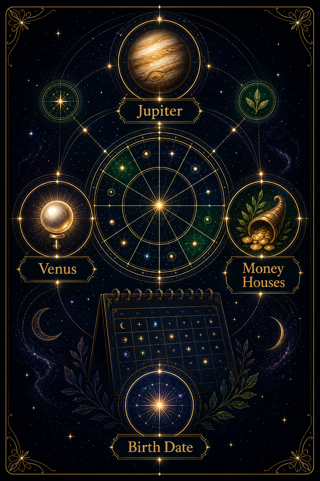 Wealth indicators astrology infographic showing Jupiter, Venus, money houses, and birth date
